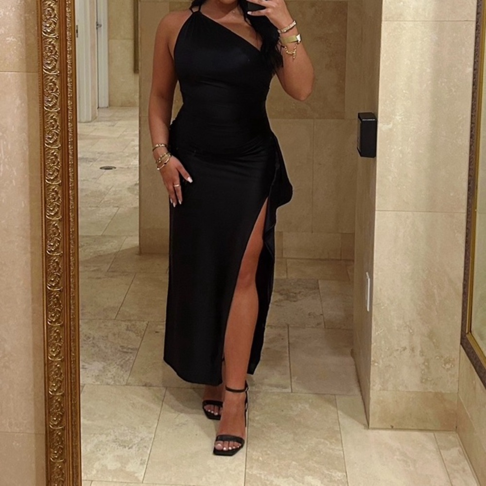 Black Silky One Shoulder Dress with Slit